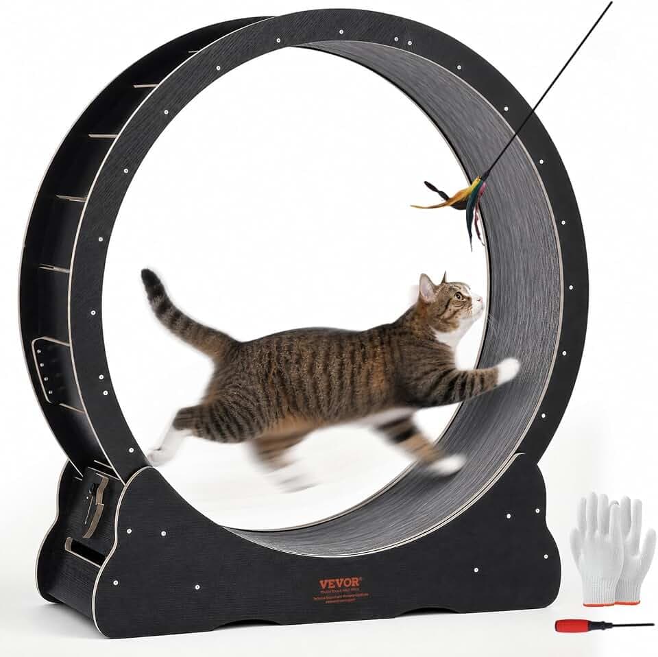 VEVOR Katzenlaufrad aus Holz, 110cm großes Katzenlaufband für Hauskatzen, Katzenlaufrad mit abnehmbarem Teppich & Katzenangel zum Laufen/Gehen/Trainieren, für die meisten Katzen geeignet, Schwarz