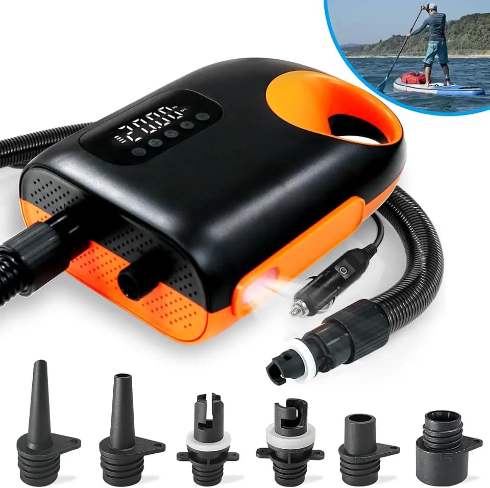 Karltion 20PSI Paddle Board Pump-Portable Electric SUP Air Pump, Dual Stage Inflation & Deflation SUP Pump, 110W Paddleboard Pump with Auto-Off Function & 12V DC Car Connector for Paddle Board, Kayaks