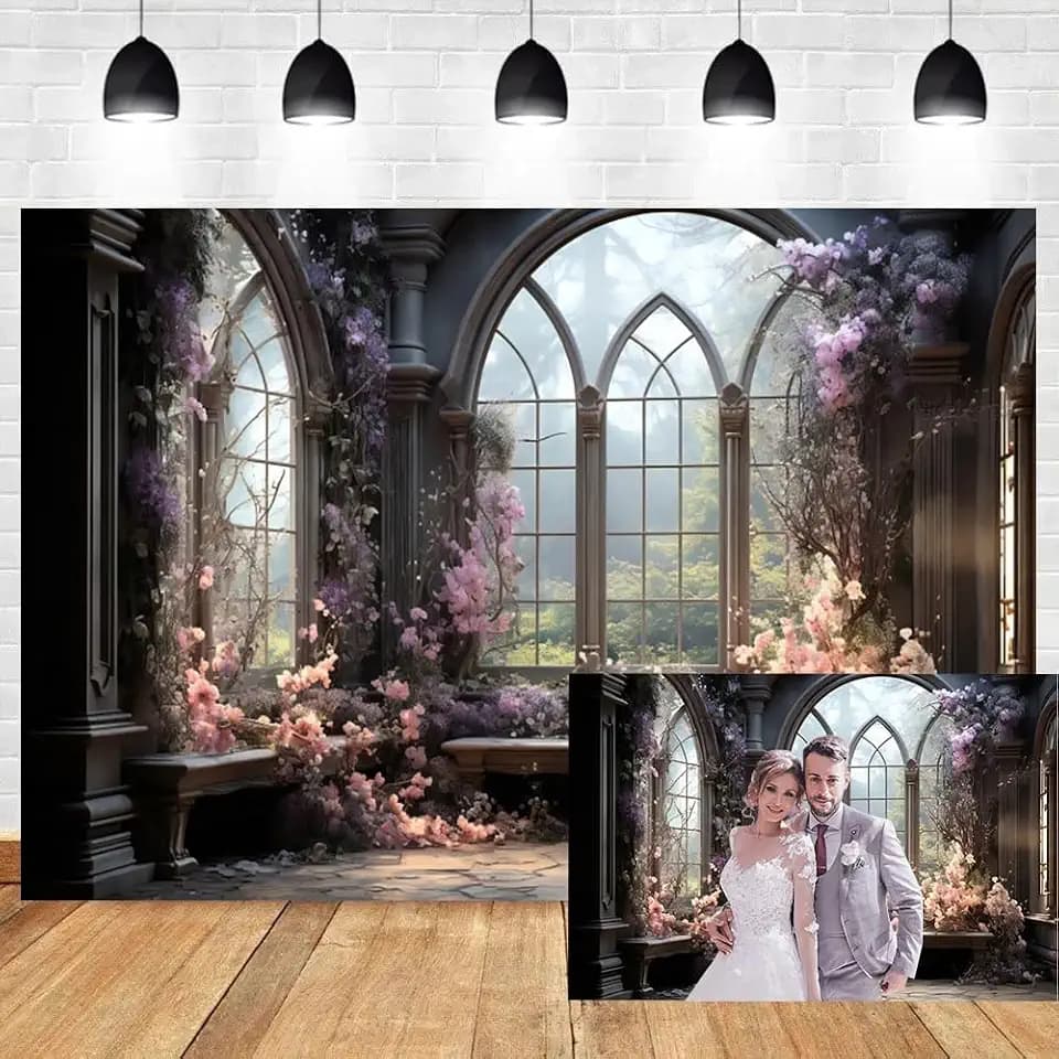 7x5ft Vintage Flower Room Backdrop Garden Purple Floral Vintage Gothic Room Arched Window Photography Background Dreamy Romantic Wedding Bridal Shower Birthday Decoration Banner Photo Studio Props