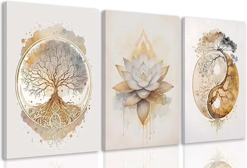 tgguytiy Tree of Life Canvas Wall Art Set of 3 Lotus Zen Painting Picture Wall Decor Abstract Yin Yang Fall Art Poster Print Artwork for Living Room Yoga Room Hotel Bedroom Home Decor16x24in Framed