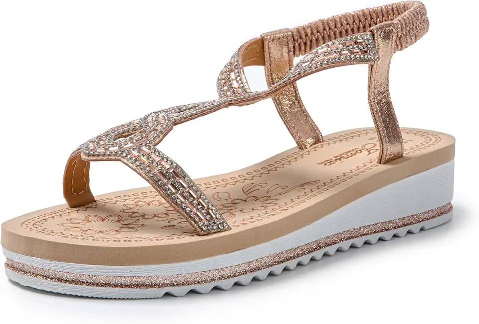 JOMIX Damen Sandalen Glitzer Bohemian Sandals mit Strass Bunte Strandschuhe Sommer Römersandalette