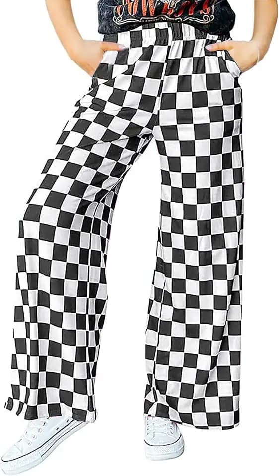 Haloumoning Girls Checkered Wide Leg Pants Kids Palazzo Trousers 5-14 Years