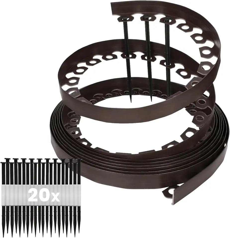 GARDENIX Flexible Rasenkante Kunststoff - Wetterbeständige Rasenabgrenzung Beeteinfassung Rund - Blumenbeet Umrandung - Braun, 10 m, 20 Erdanker, 4 cm Höhe