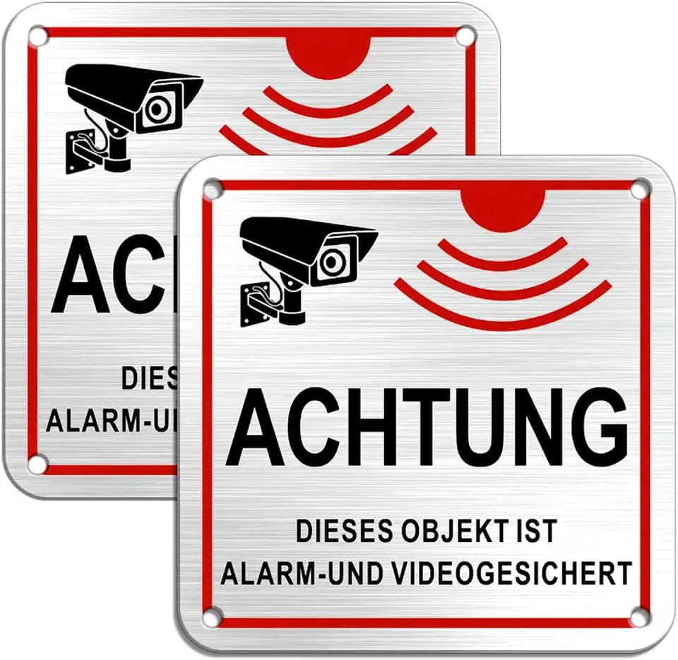 Achtung Dieses Objekt ist Alarm und Videogesichert 10x10cm Alu, Schild Videoüberwachung Klein mit Selbstklebend und 4 vorgebohrten Löchern x2