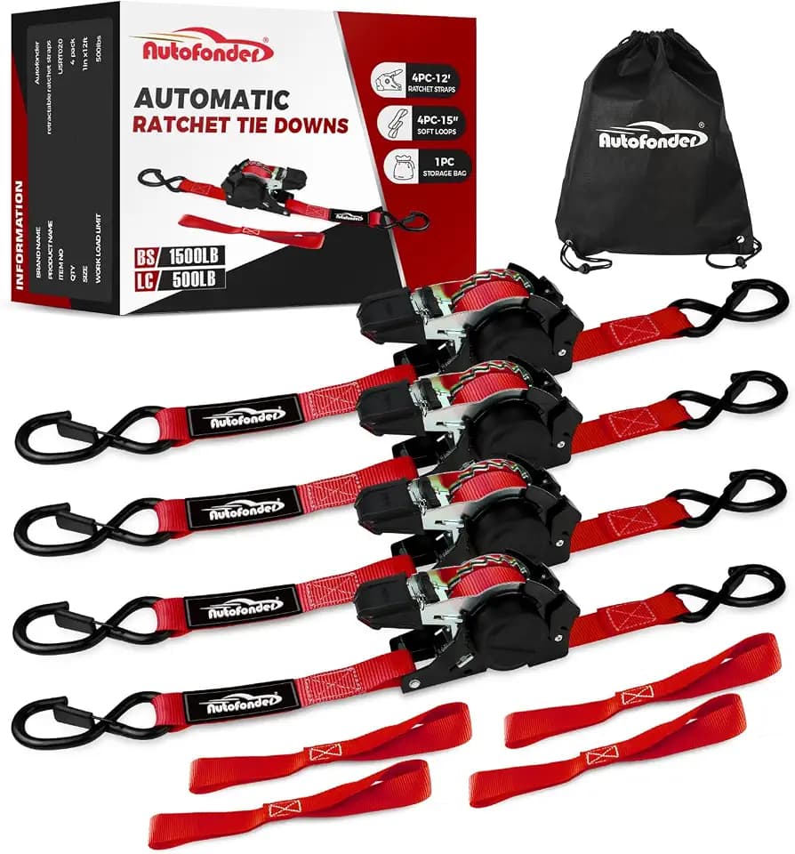 Retractable Ratchet Straps (4 Pack) 1,500lb Heavy Duty 1inx12ft