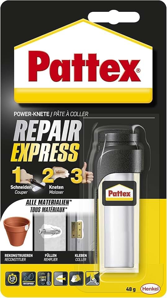 Pattex Powerknete Repair Express, Klebeknete zum Kleben & Reparieren, Epoxidharz Kleber für viele Materialien, lackier- und schleifbare Modelliermasse, 1 x 48 g