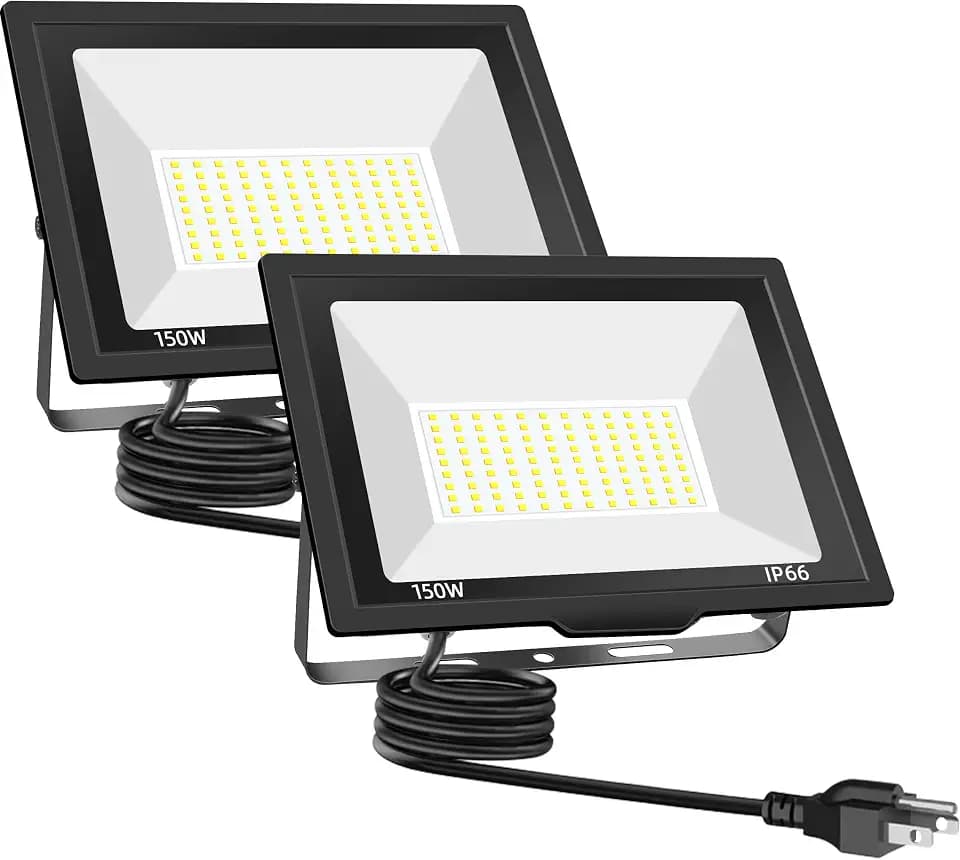 150W LED Flood Lights Outdoor, 18000LM Bright Work Light with 5FT Plug, IP66 Waterproof Exterior Security Lights, 6500K Daylight White Outside Floodlights for Garage Yard Garden, 2 Pack