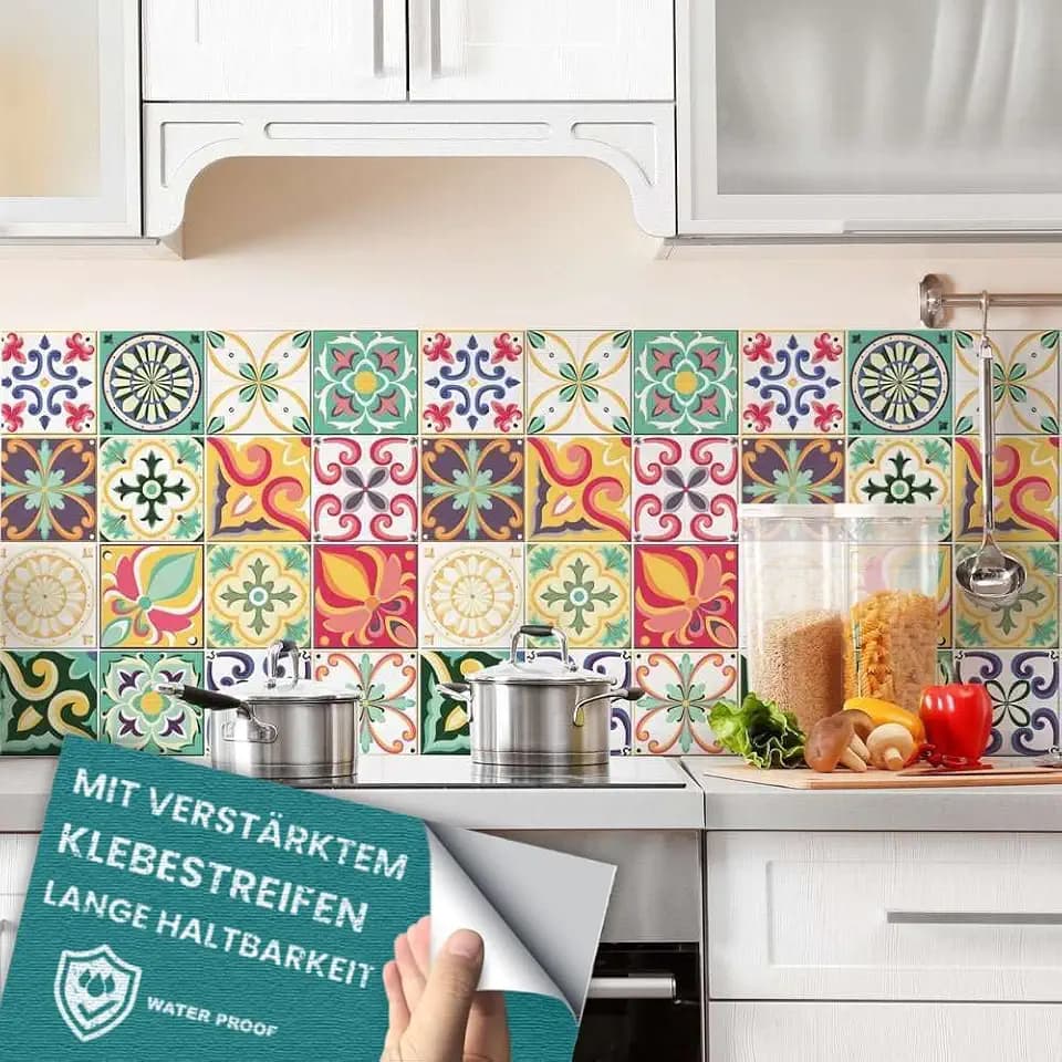 RE-COVERTILES - Fliesenaufkleber Badezimmer und Küche 10 Stck 20x20 cm - PS00049 PVC-Wanddekoration Wasserdicht Fliesen Mosaik Stil Azulejos-Zementfliesen