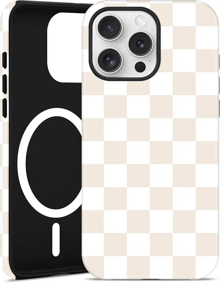 Magnetic Checkered Phone Case for iPhone 15 Pro, Beige