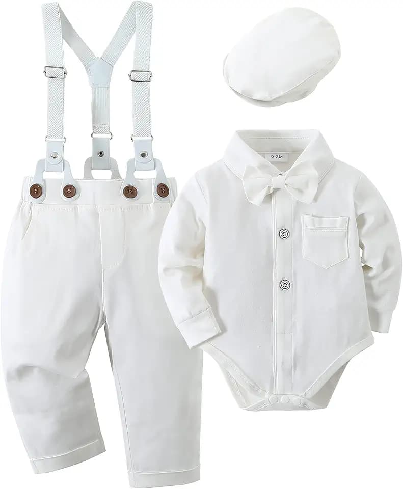 Baby Jungen Gentleman Anzug, 0-18 Monate 4tlg Kinder Hochzeit Festlich Taufe Strampler mit Bowtie Hemden + Hosenträger Overalls