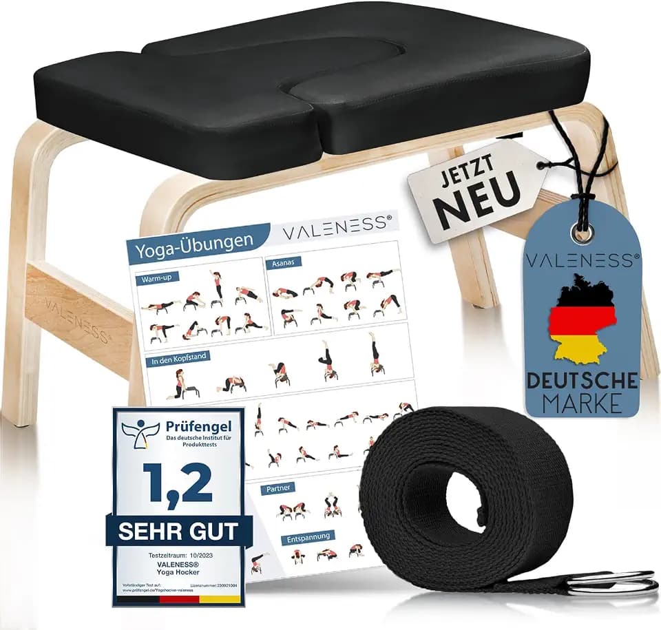 VALENESS® Yoga Kopfstandhocker aus Naturholz mit Yogagurt und Übungsposter