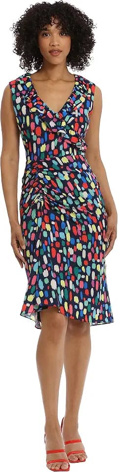 Maggy London Women's Women's Dresses Sleeveless V-Neck Sheath with Ruffle and Shirring Details Event Occasion Shower Guest of
