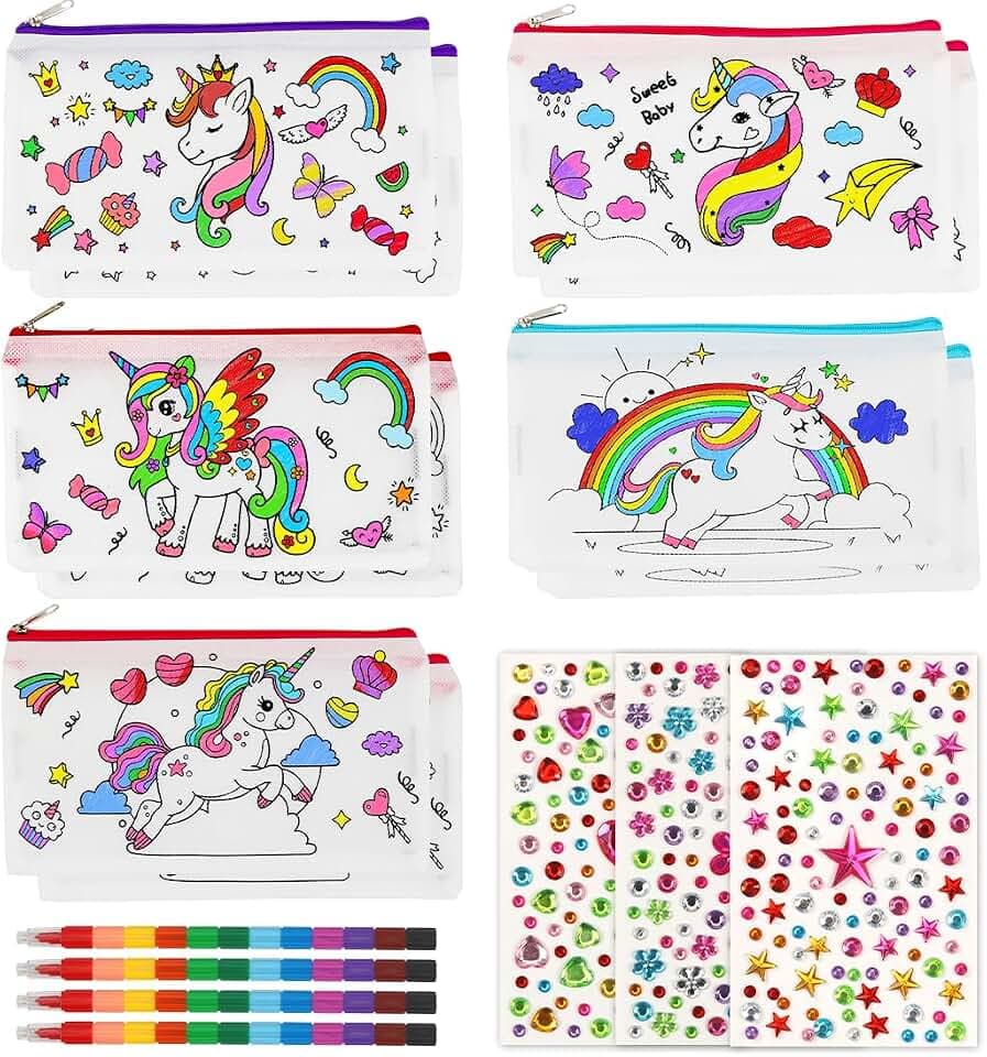 Einhorn Federmäppchen zum Bemalen, Stoffbeutel zum Bemalen, 10 Taschen zum Bemalen+4 Wachsmalstifte Stapelbar (12 Farben in 1), Party Mitgebsel Bastelset Kindergeburtstag Gastgeschenk für Kinder