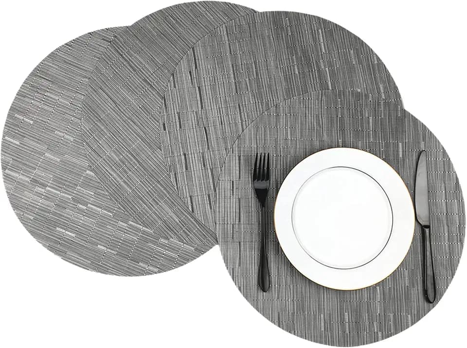 WAZAIGUR Round Placemats Set of 4, Vinyl Place Mats, 15inch, Silver Grey