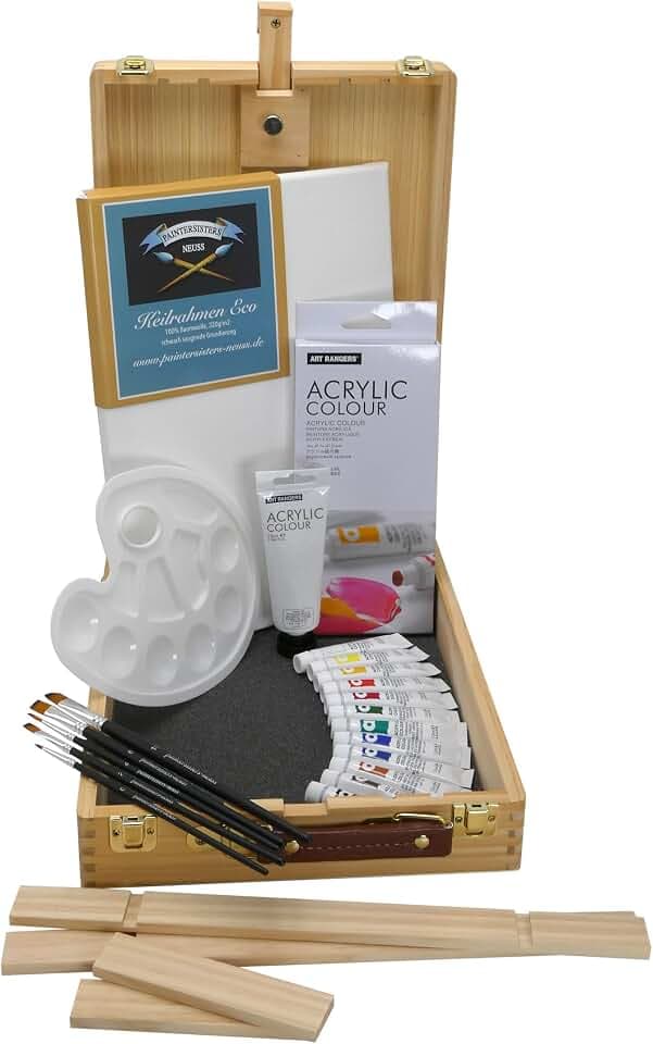 Paintersisters Malset LUCA – Künstlerkoffer aus FSC®-Kiefernholz mit Tischstaffelei, 12×12 ml Acrylfarben, Pinselset, Mischpalette & Leinwand 25×35 cm – Komplettset für Einsteiger