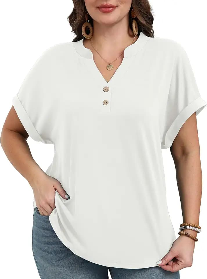 OLRIK Womens Plus Size Tops Short Sleeve Henley Tops V Neck Dressy Casual Blouses Summer Vacation Fashion Shirts 2026