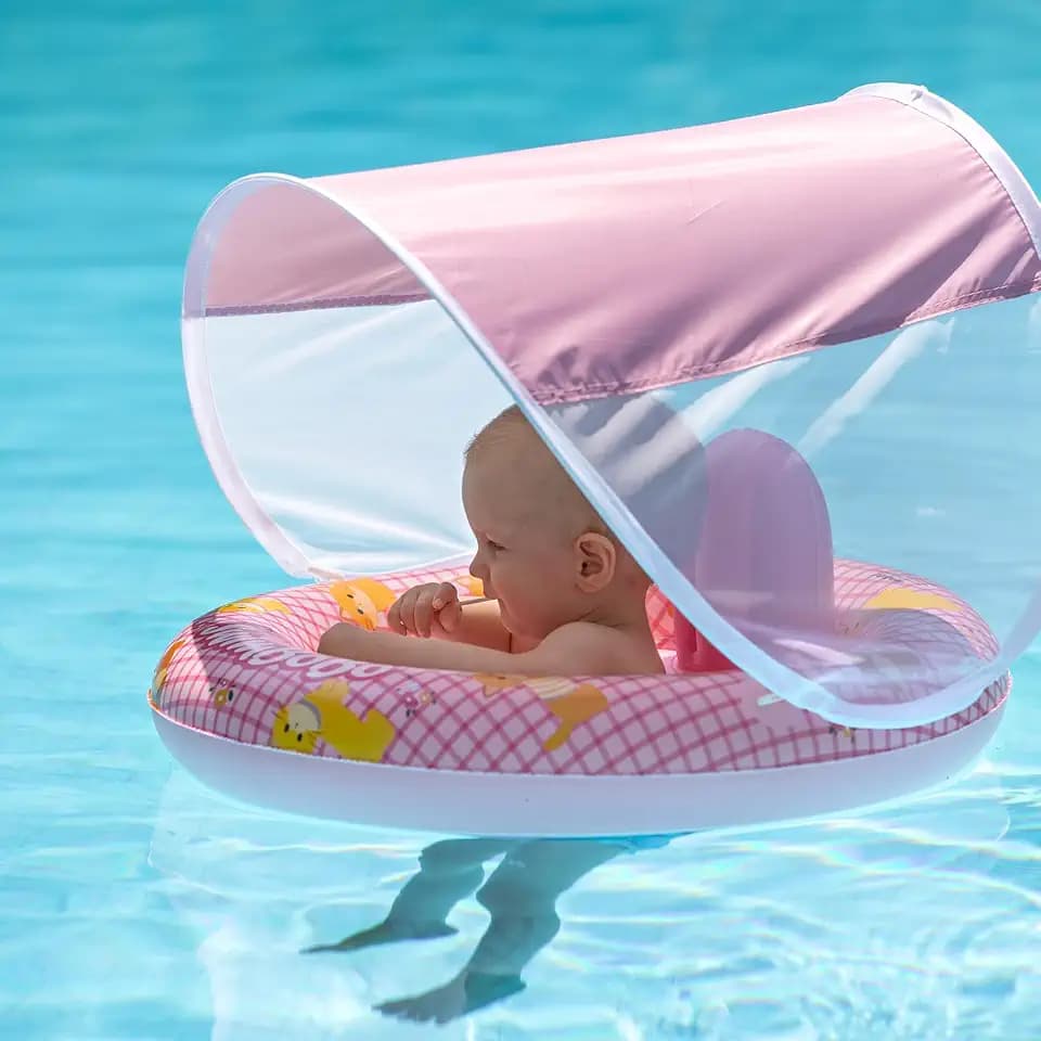 Inflatable Baby Swimming Float with Safe Seat and Canopy for Age 6-36 Months Toddler