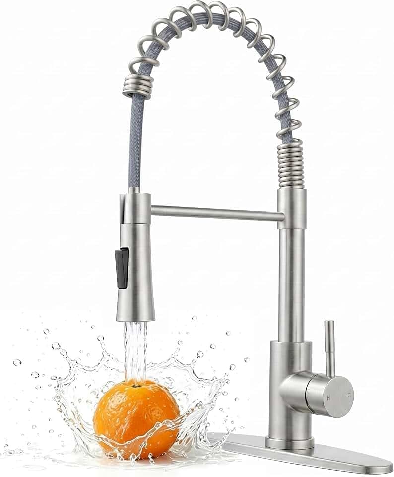 KINGO HOME Kitchen Sink Faucet with Pull Down Sprayer, Brushed Nickel Stainless Steel Bar Faucet Single Handle, Commercial Pull Out Faucets for Kitchen Sink, Laundry Bar RV Camper Outdoor