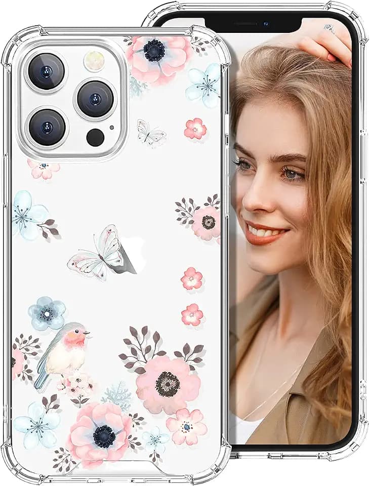 for 13 Pro Case for Women Girls, Clear Floral Flower Pattern Cute Design Hard Back Soft TPU Bumper Protective Shockproof Phone Case for 13 Pro 6.1,Poppy Butterfly