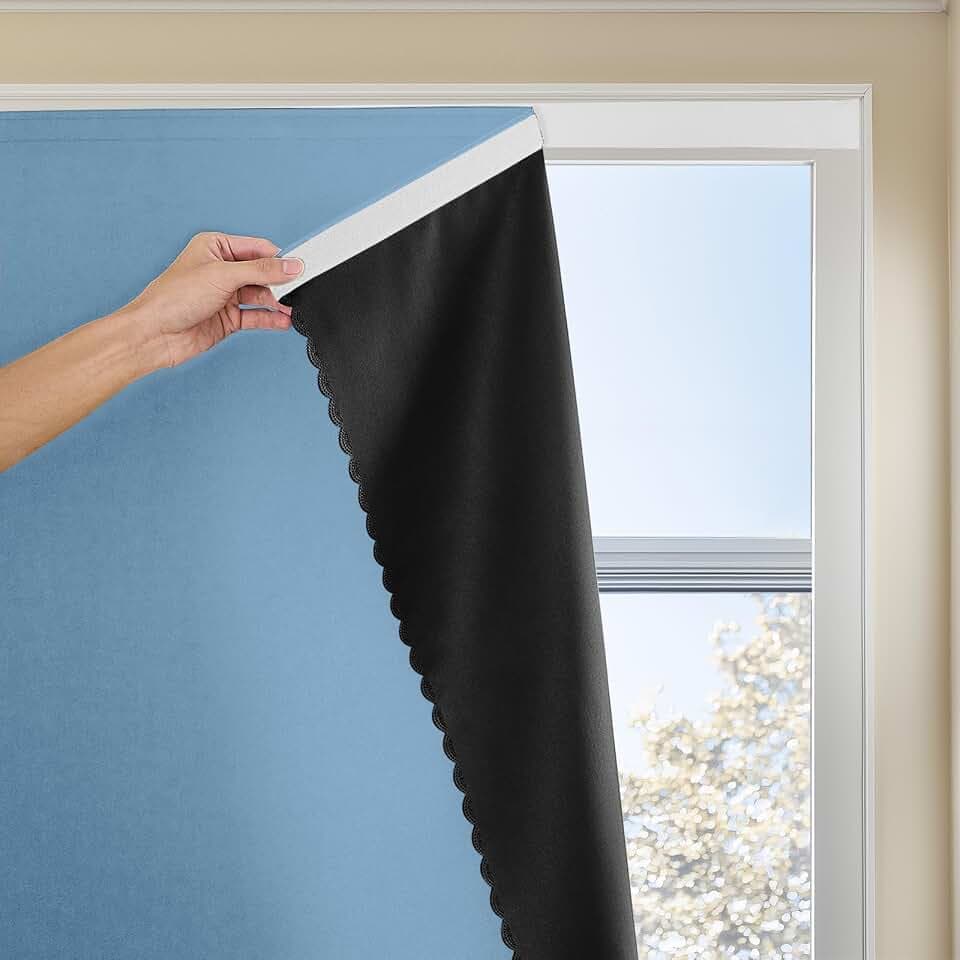 JILRON Magic Tape Stick on Portable Curtains for Windows,Bedroom Blackout Curtains for - Thermal Lnsulated No Drill Curtains Room Darkening Black Small Drapes(1 Panels,35Wx54L inch-Sky Blue)