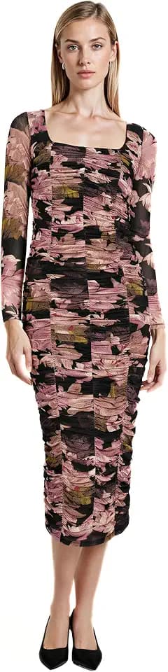 Anne Klein Women's Long Sleeve Printed Mesh Midi Dress