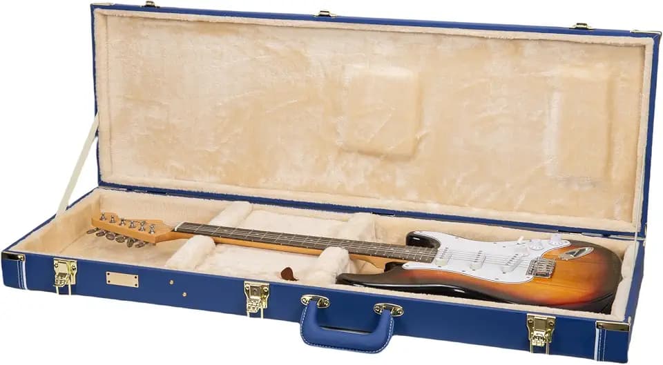 Crossrock rechteckiger Holzkoffer für Stratocaster & Telecaster | Leuchtend Blau Kunstleder, beiges Plüschfutter, Schloss – Designer Series (CRW520EVB)
