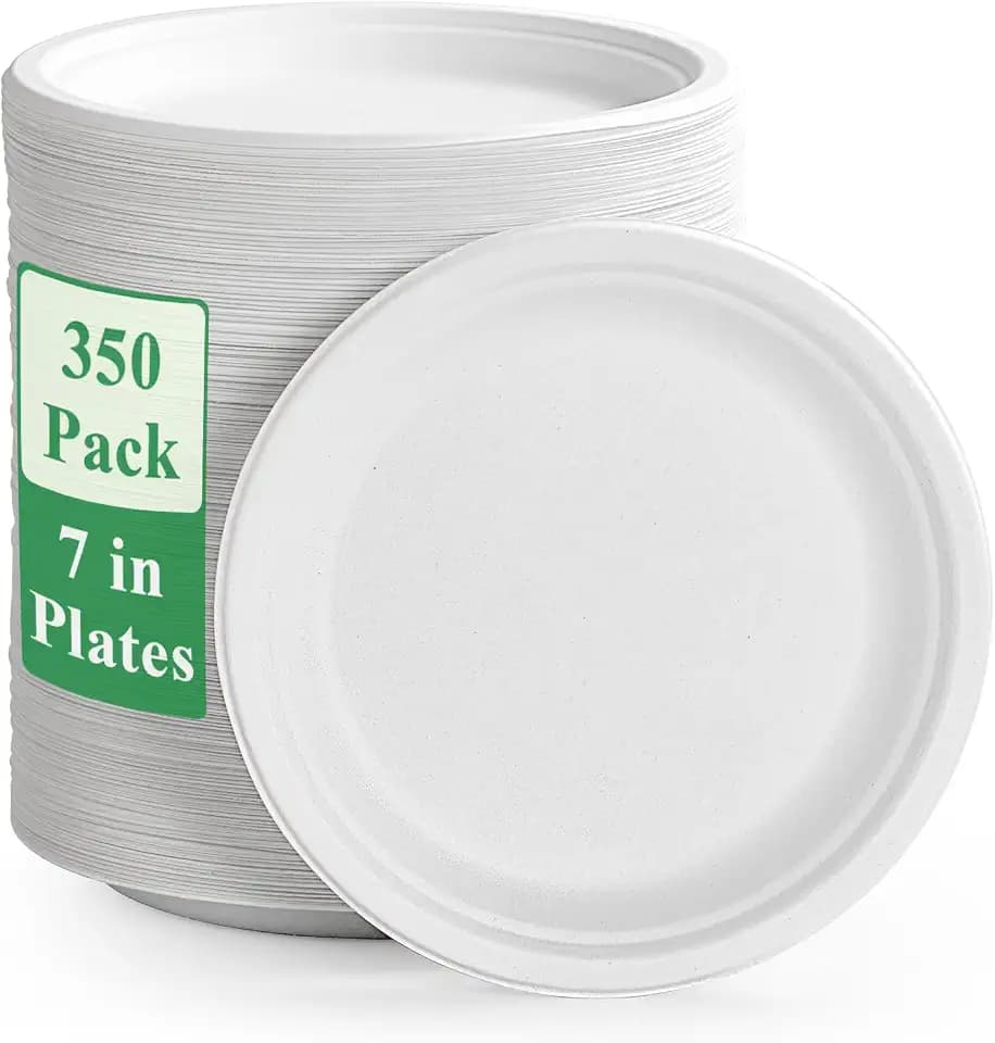Vplus 350 Pack Compostable Bagasse Paper Plates 6.9 inch, White