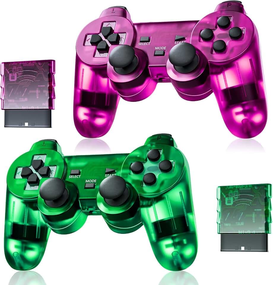 Burcica Wireless Controller for PS-2 Play 2 Double Vibration 2 - ClearGreen and ClearPurple
