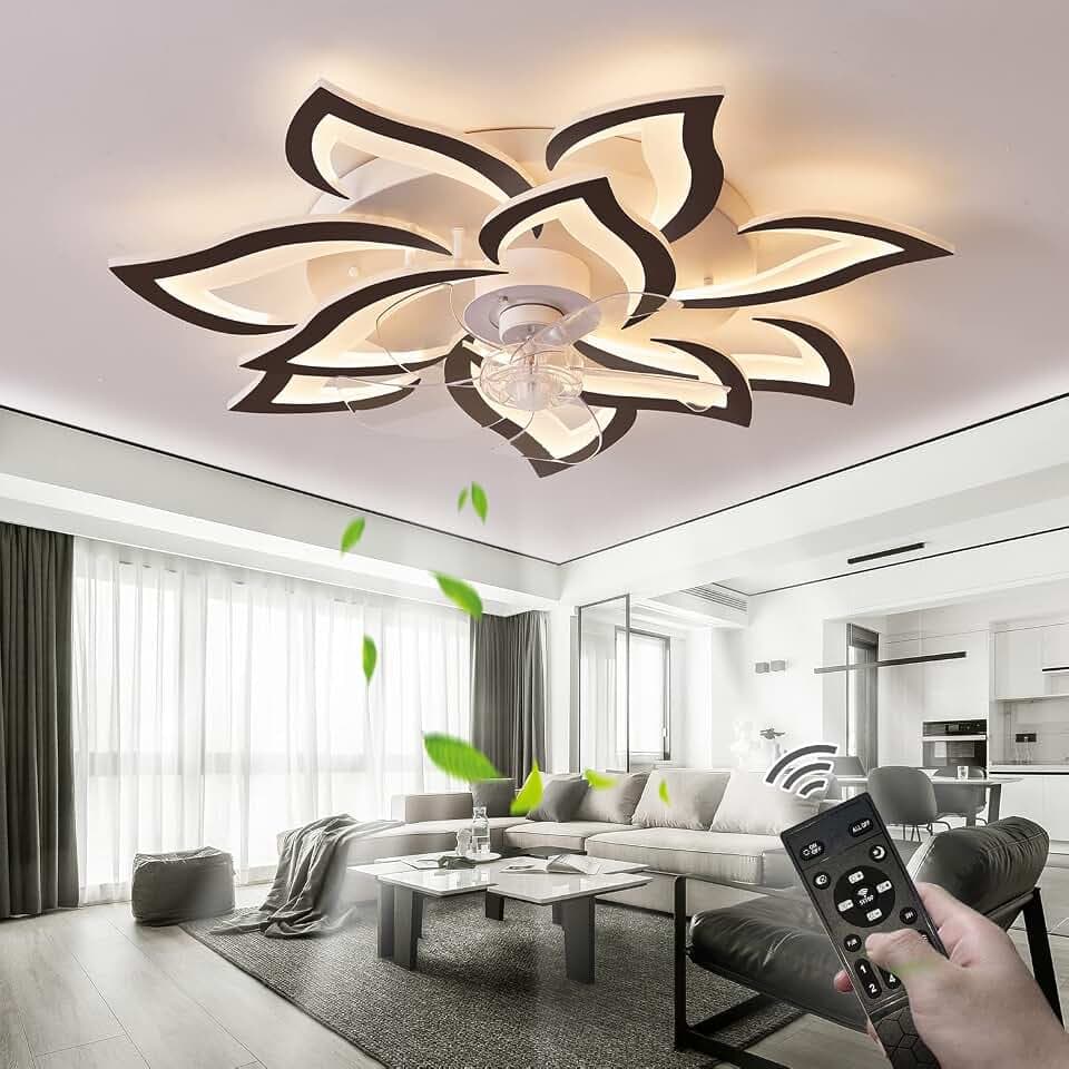 32''Ceiling Fans with Lights and Remote,Modern Flush Mount Ceiling Fan with Dimmable LED Light 3 Color Temperatures 6 Gear Wind Speed Bladeless Ceiling Fan for Kids Room Living Room