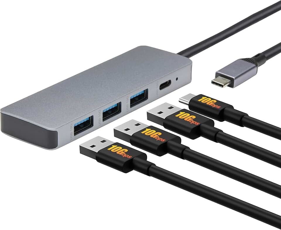 Amazon Basics USB-Hub-Dock für USB 3.2/3.1 2. Generation, 10 Gbit/s, USB-C auf 1 x USB-C / 3 x USB-A, geeignet für Windows/Mac, Silber, Schwarz