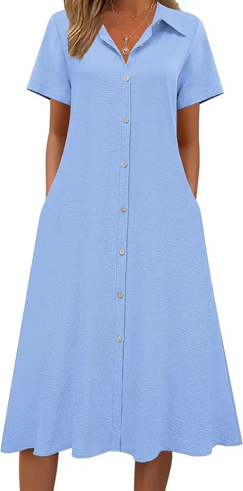 Zeagoo Shirt Dress for Women Sun Dress Long Casual Summer Cotton Linen Dresses 2026 Button Down Aline Tunic Shift Dresses Aline Loose Midi Beach Vacation Clothes Blue