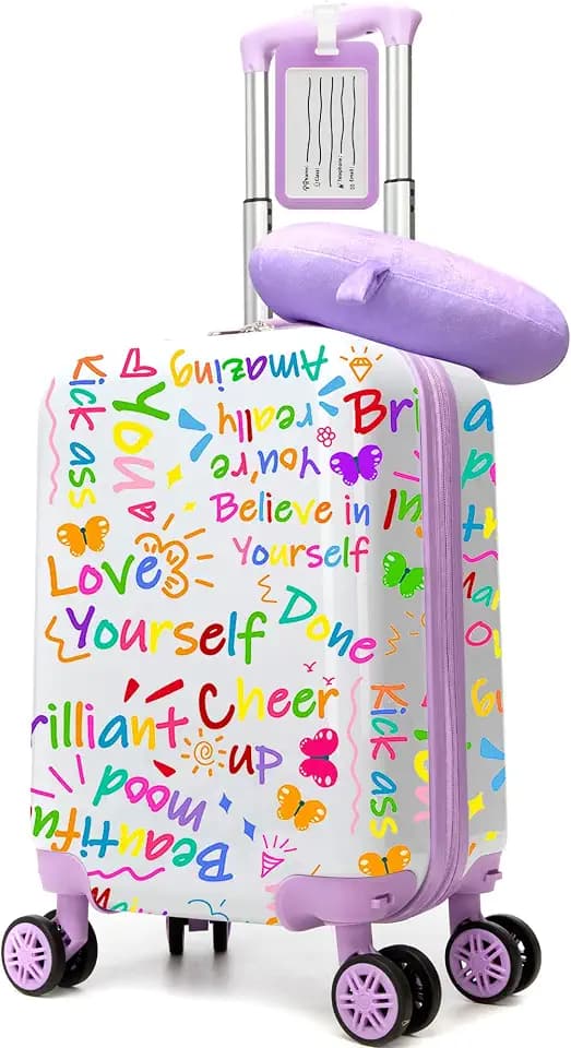Kids Luggage Sets Suitcase Set with Travel Pillow for Girls Suitcase with Wheels Hardshell Carry on Luggage for Airplane Travel DIY Styles Purple