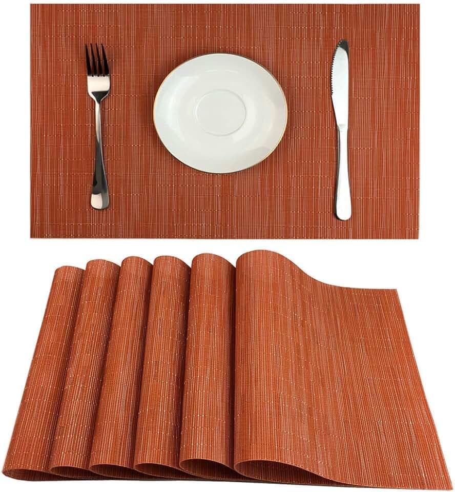 WAZAIGUR Tischsets für Esstisch, hitzebeständig, waschbar, gewebtes Vinyl, Küchentischsets, leicht zu reinigen, Orange, 6 Stück