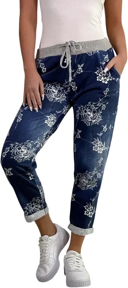 Mississhop Damen Hose Blumen Jogginghose Baumwolle Freizeithose Boyfriend Blumenprint