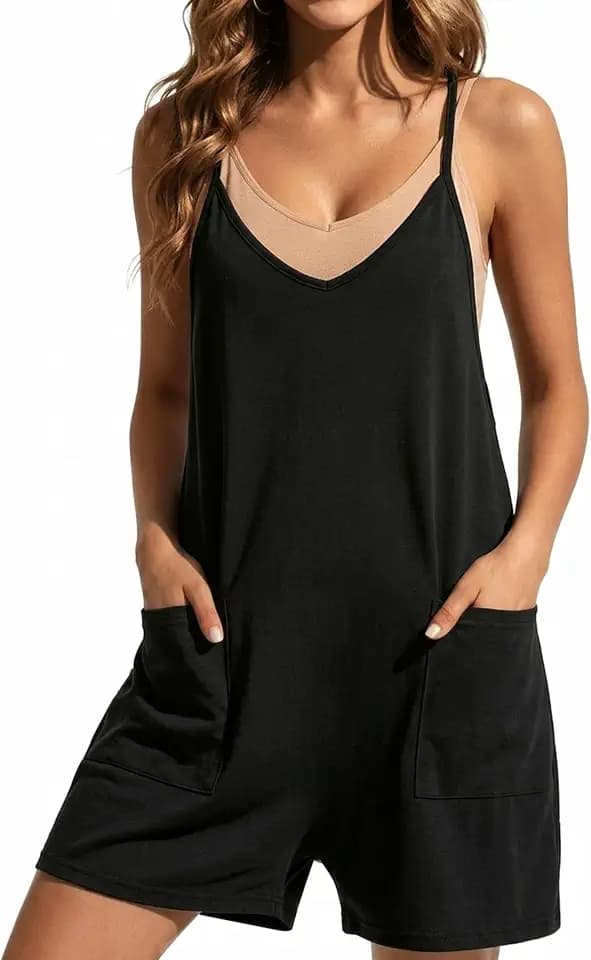 Buauty Womens Rompers Summer Casual Sleeveless Jumpsuit Loose Spaghetti Strap Overall Shorts Beach Outfit with Pockets XS-XXL