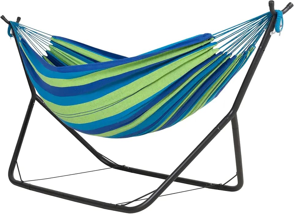 ANOW Double Space Saving Hammock with Stand for Outside, Blue Green Stripe
