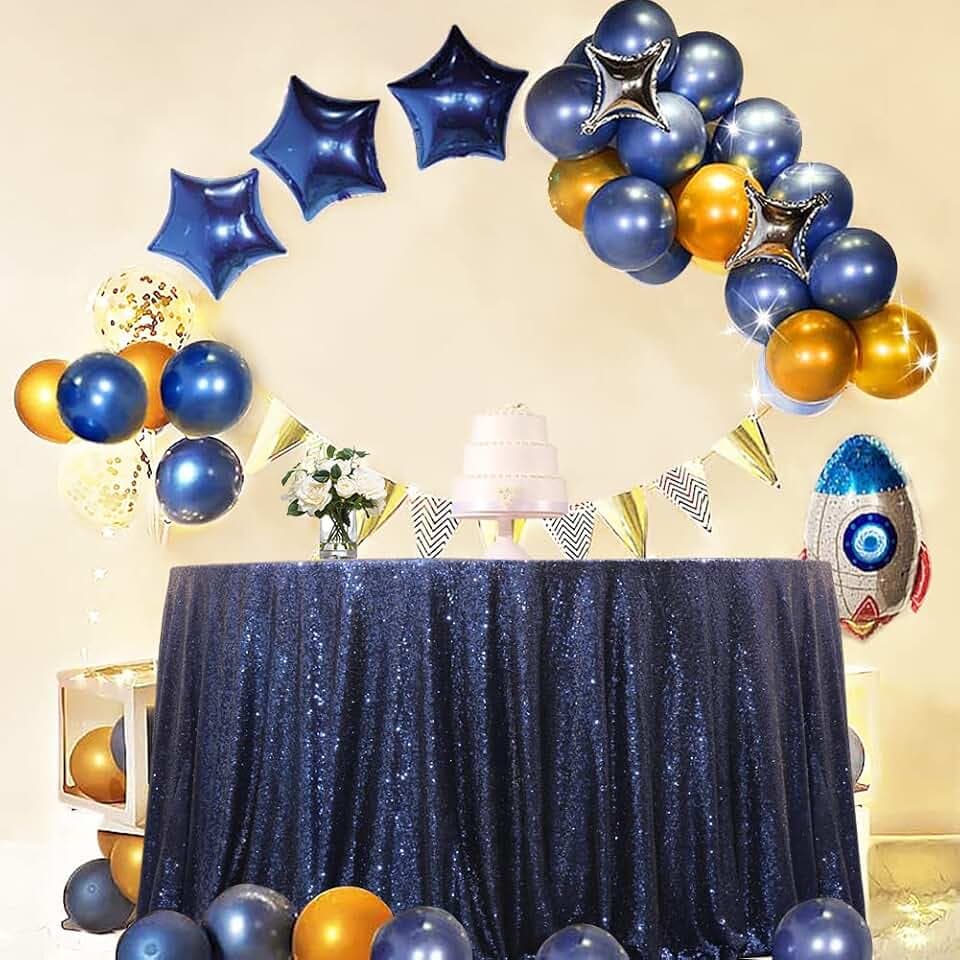 Eternal Beauty 120" Round Sequin Tablecloth, Thick Not See Through Navy Blue Table Cloth for Wedding Birthday Party