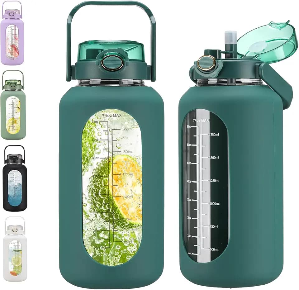 chunmo 74 oz Glass Water Bolttles with Straw Large Motivational Water Bottle with Time Marker Sports Water Bottles with Silicone Sleeve and Handle Lid 2.2L Water Jug for Gym Workout