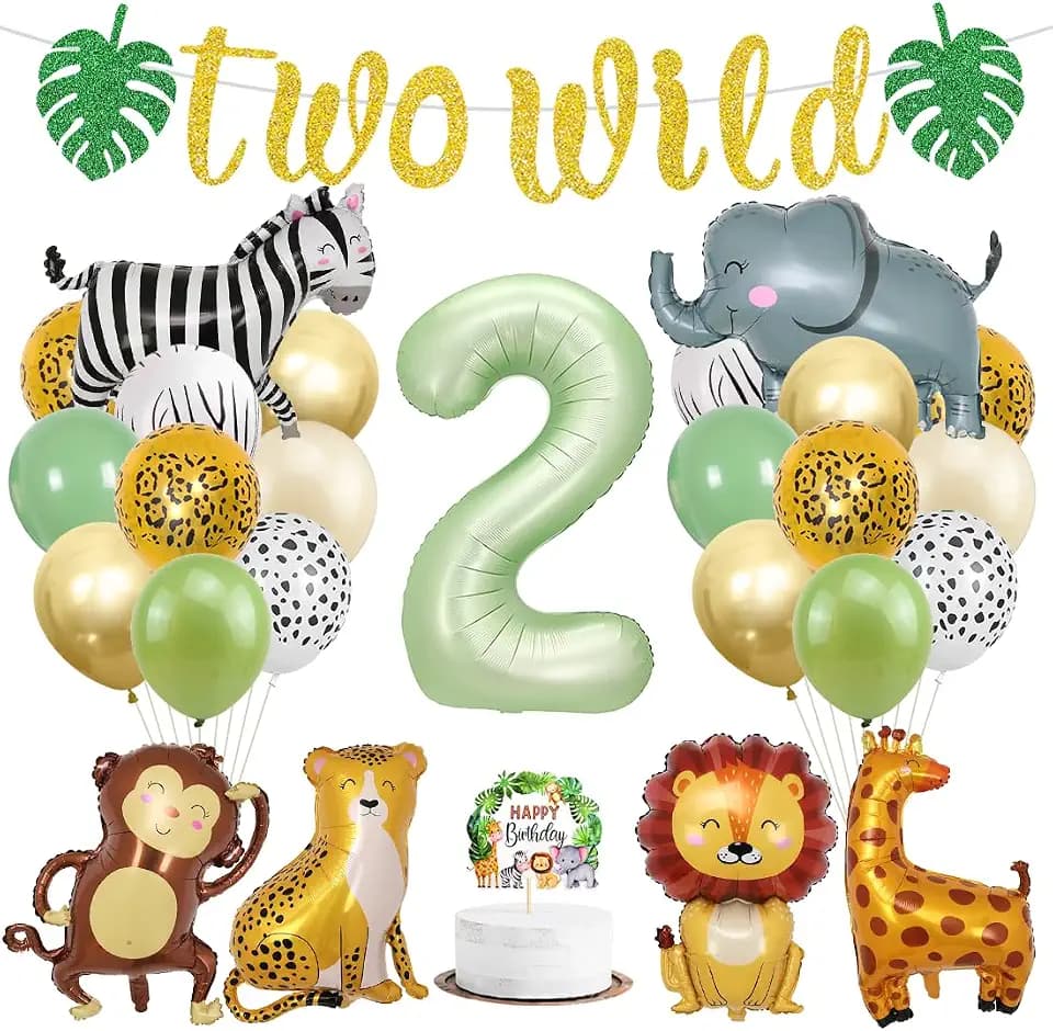 2 Jahr Geburtstag Deko, Dschungel Geburtstagsdeko Wild Two, Deko 2. Geburtstag Junge Mädchen, Safari Two Geburtstags Luftballons, Waldtiere Grüner Tiere Luftballon für Kinder Geburtstage