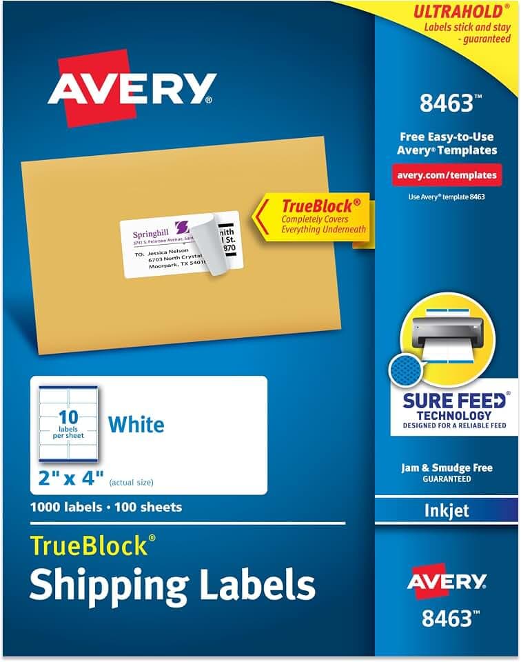 Avery Printable Shipping Labels, Sure Feed Technology, 2" x 4" Customizable Stickers, White, 1,000 Blank Mailing Labels, Great for Mailing, Shipping, and More (8463)