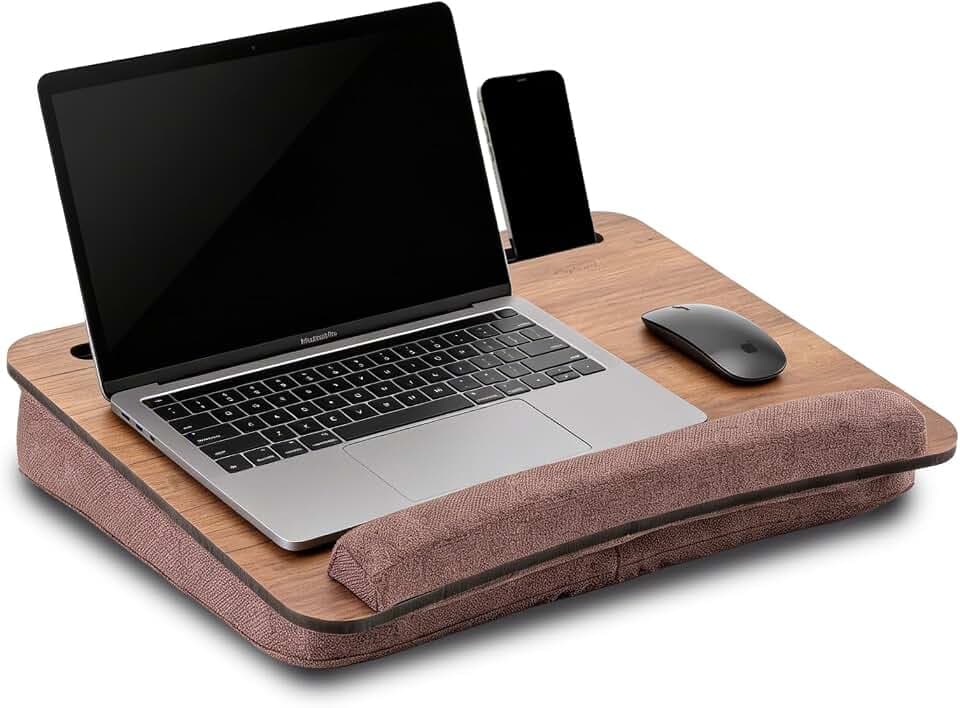 Vigo Wood Laptop-Schoßtisch mit Kissen und Handgelenkauflage, tragbarer Betttisch für das Home Office mit Tablet- & Handy-Slot (Walnuss-Braun)