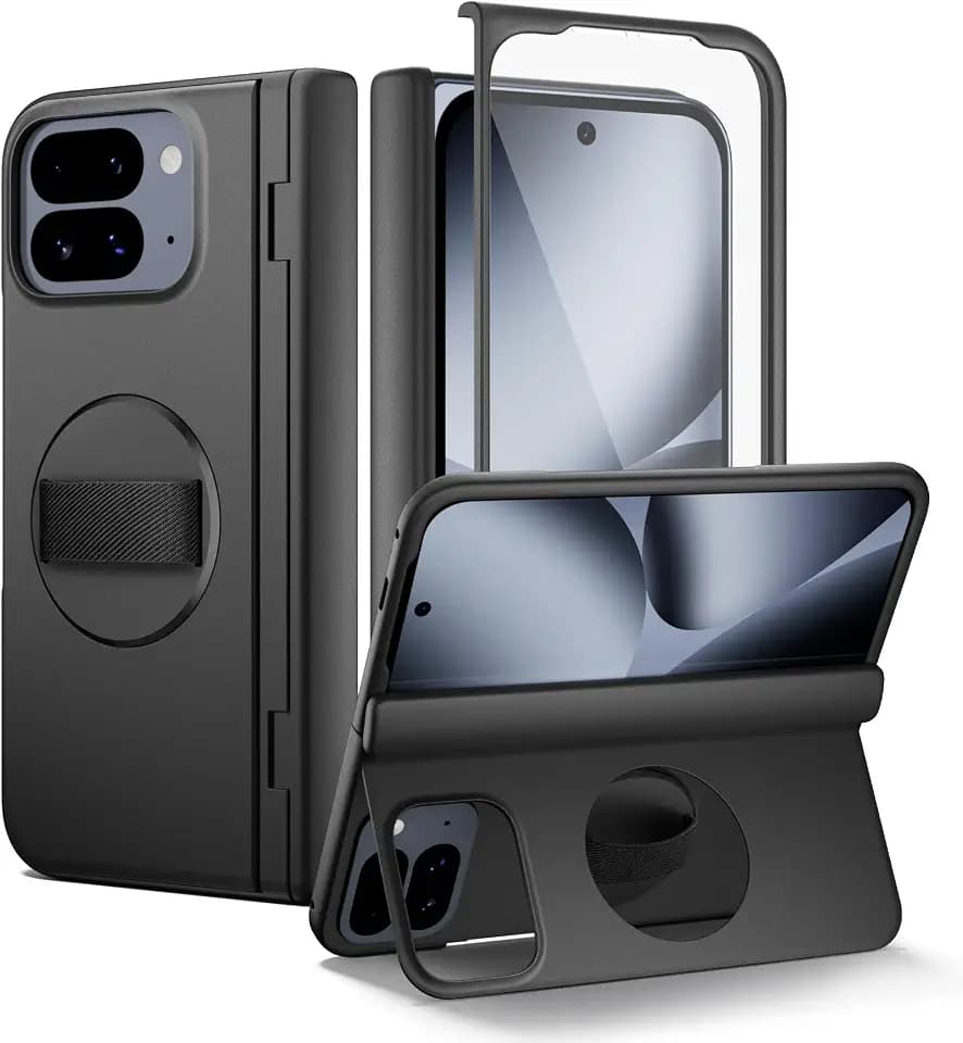 SURITCH for Google Pixel 10 Pro Fold Case with 360° Rotatable Hand Strap Phone Grip Holder & Invisible Kickstand & Screen Protector, Protective Cover for Pixel 10 Pro Fold -Black