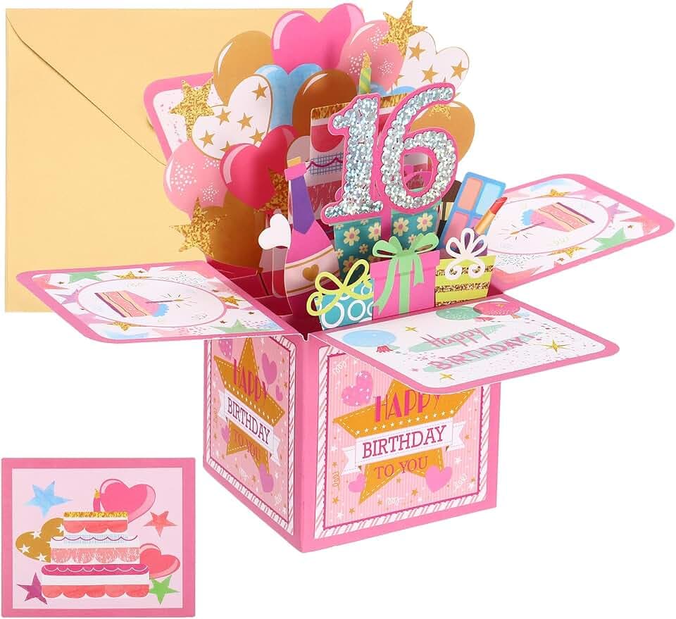PATIKIL 16. Geburtstagskarte, Pop-Out Geburtstagskarte Lustige Karte Süß 3D mit Grußkarte und Umschlag Geschenk Beste Freundin Dekorationen, Pink