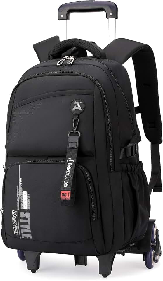 Tanou Schulrucksack mit Rollen für Jungen Herren, 36L Rucksack Großer Teenager mit 6 Räder, Wasserdichter Trolley Schulranzen Schwarz Lässiger Daypack
