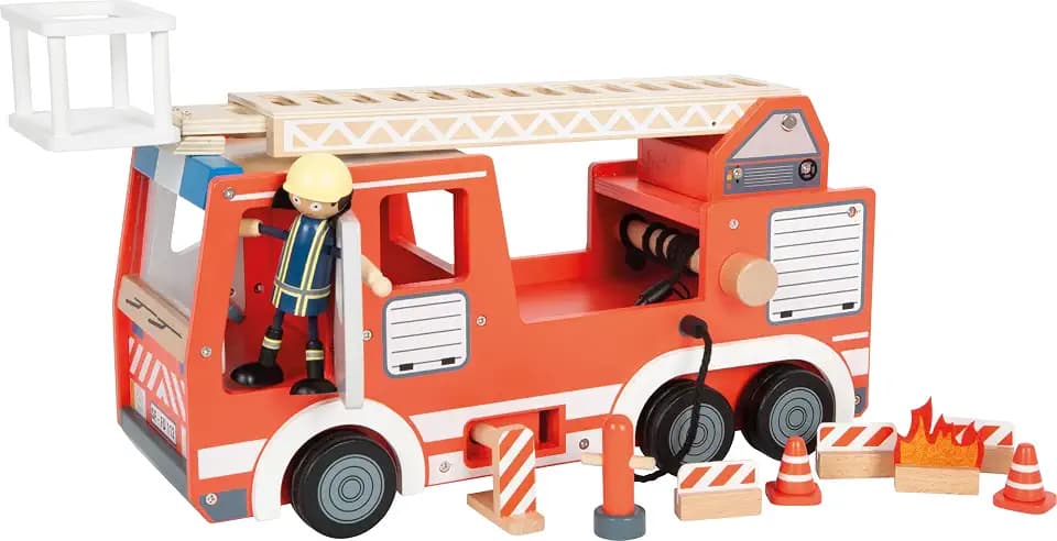 small Foot Feuerwehrauto aus Holz, mit drehbarer Leiter, Schlauch & Zubehör, Feuerwehr-Spielzeug für Kinder ab 3 Jahren, 12657