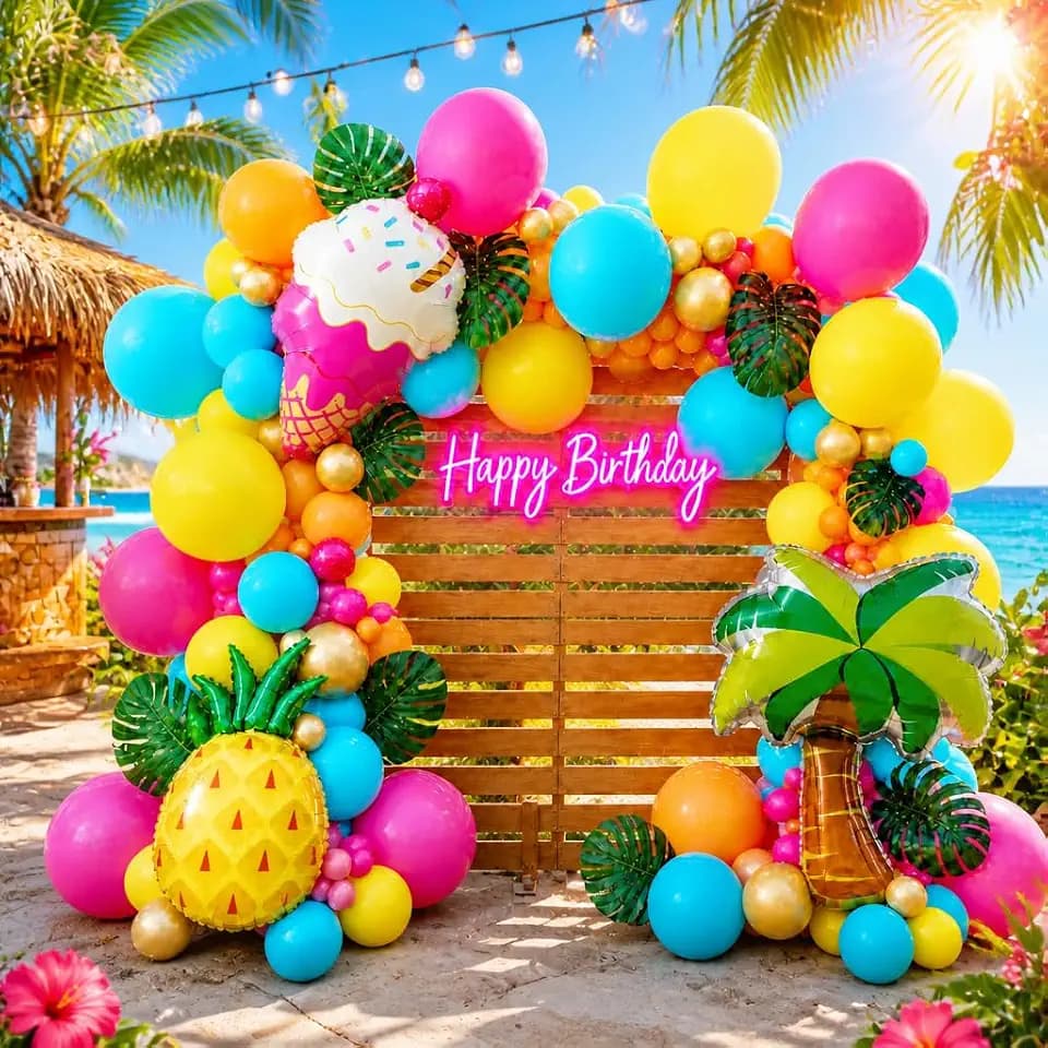 SNLN 135Pcs Hawaiian Tropical Luau Balloon Arch Kit With Palm Tree Pineapple Ice Cream Foil Balloon for Summer Beach Pool Hawaiian Luau Tropical Birthday Baby Shower Party Decorations Supplies
