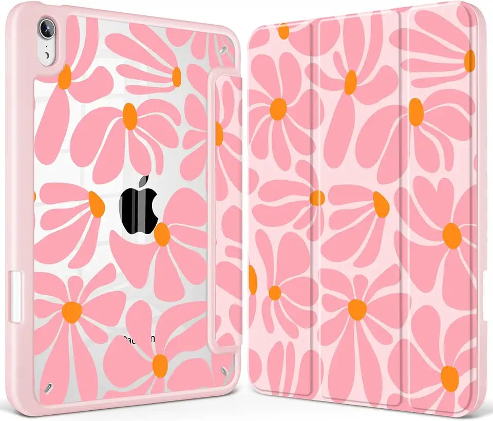 May Chen Slim Case for iPad mini 7 (A17 Pro, 7th Generation) 2024 / iPad mini 6 (6th Gen) 8.3 Inch, [Built-in Pencil Holder] Shockproof Cover Clear Clear Back Shell Auto Wake/Sleep, Groovy Flower