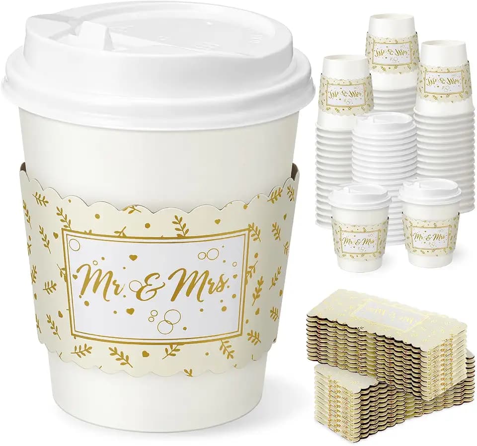 AmazingSpark 48 Sets 8oz Wedding Floral Disposable Coffee Cups with Lids and Sleeves Wildflower Paper Hot Coffee Cups for Fall Party Reception Baby Shower Bride's Birthday Party (Leaf)