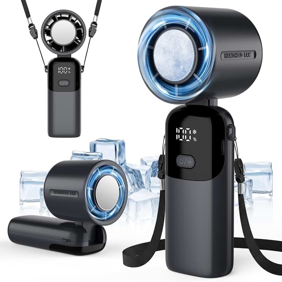 Timiyou Tragbarer Handventilator 3-in-1 mit Eiskühlung & Digitalanzeige | 100 Stufenlos Einstellbar, Faltbar & 90° Neigbar | 3600mAh Akku 12h Laufzeit | Turbo 9m/s Wind für Reisen, Büro, Outdoor