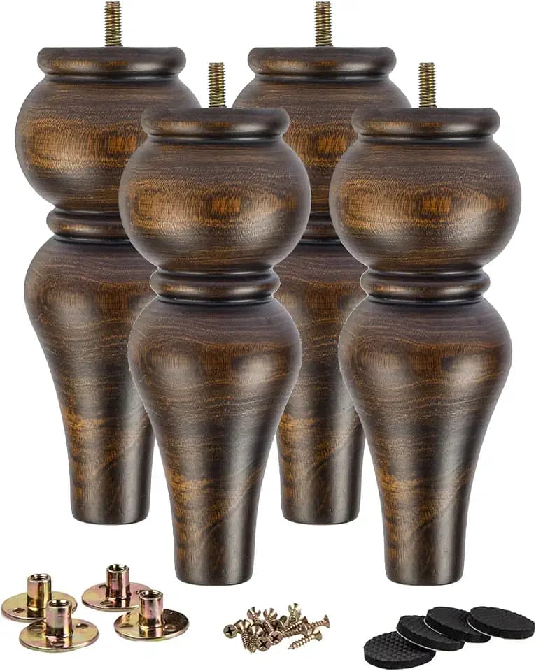 La Vane 8 inch Solid Wood Turned Furniture Legs with M8 Bolts,Glaze,4PCS